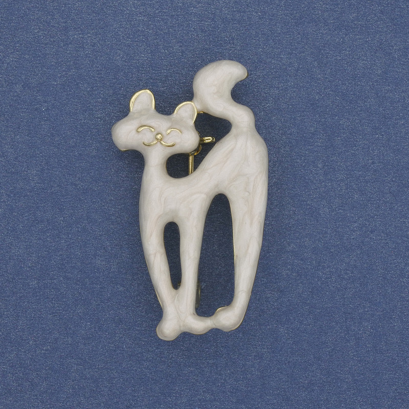 Brooch Pendant Cat White Enamel Gold-tone Metal 39x22mm±