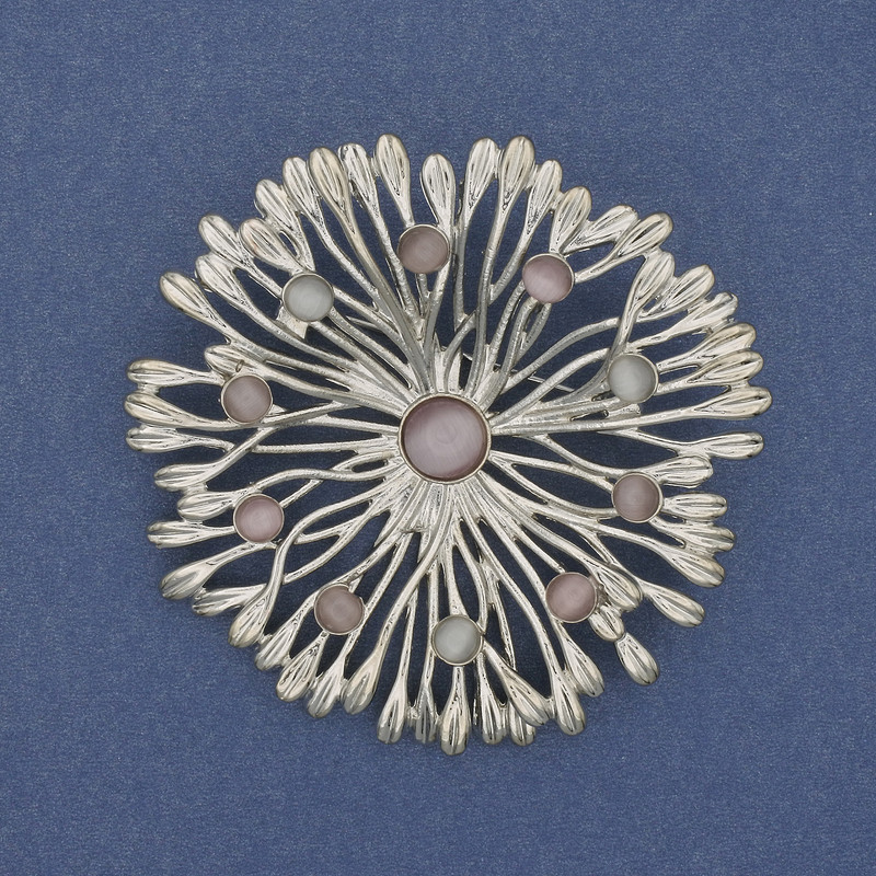 Brooch Pendant Flower Cat's Eye 60mm+ Silver Metal