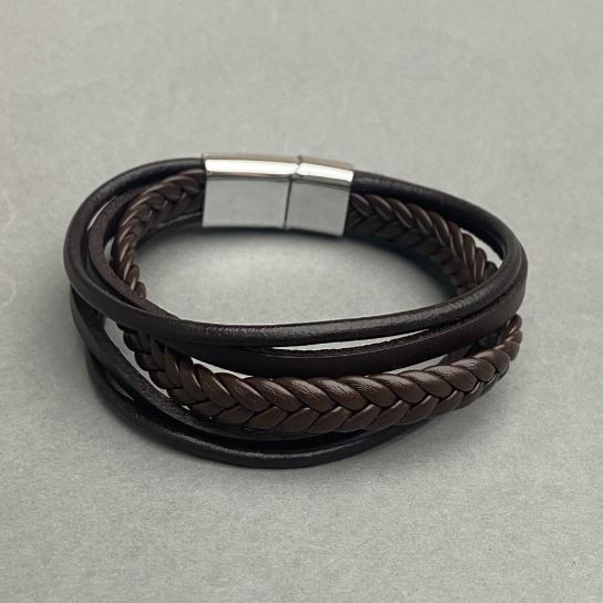 Men's bracelet brown eco-leather, 20 cm length ± silver metal clasp