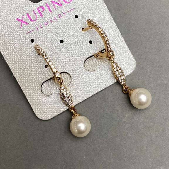 Xuping Earrings with Majorca Pearl and White Crystals, 43x8 mm ±, 18K Plating