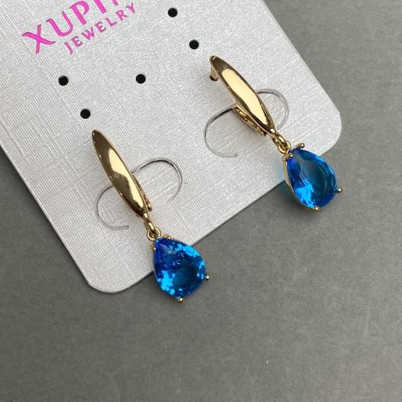 Xuping Earrings with Blue Stones, 28x7mm, 18K Gold Plated