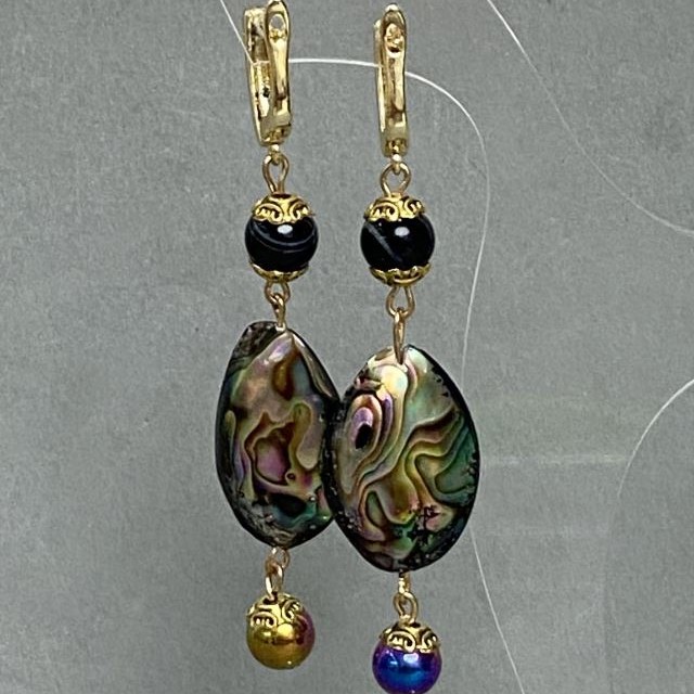 Earrings Haliotis 25x18 mm +- Agate Hematite bead 8 mm +- , length 78 mm +-