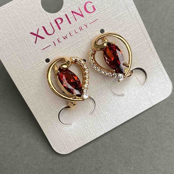 Earrings Xuping with white rhinestones and red stones, diameter 16x14mm +- 18K gold-plating