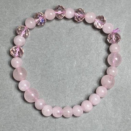Bracelet Pink Quartz bead 6mm± Czech crystal 8×6mm±, length 18cm± stretch