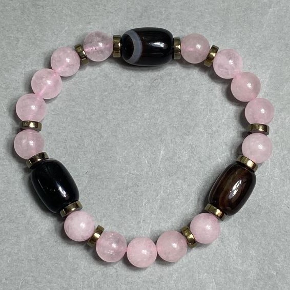 Bracelet Agate barrel 14x10mm± Pink Quartz round bead 8mm±, length 18cm± stretch