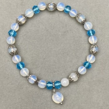 Bracelet Opalite smooth round bead 6mm± Czech crystal 6x5mm±, length 18cm± stretch