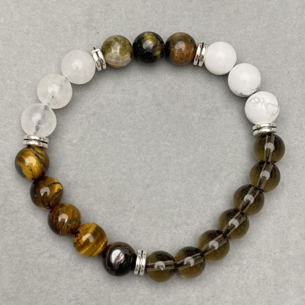 Bracelet Kacholong Rauchtopaz Tiger's Eye smooth bead 8-9 mm+-, length 18 cm+- stretch