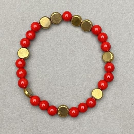 Bracelet Coral (artificial) smooth round bead 6mm+- Hematite coin 6mm+-, length 18cm+- stretch