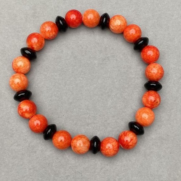 Bracelet Coral (imitation) single smooth round bead 8mm± Agate rondelle 8x4.5mm± length 18cm± stretch