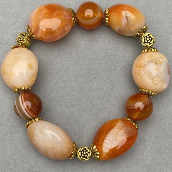 Bracelet Carnelian tumbled 20x17mm± Agate bead 12mm± with inserts, length 18cm± stretch