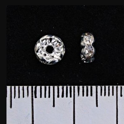 Jewelry findings spacer roundel separator with white rhinestones, metal color silver, 5 mm, 100 pcs / pack