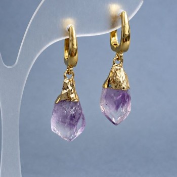 Earrings Amethyst unpolished stone, diameter 12-22x7-10mm+- (assorted sizes), length 26-37mm+-