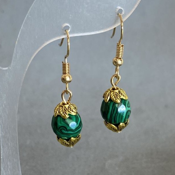 Earrings Malachite faceted bead 9.5mm±, length 35mm±
