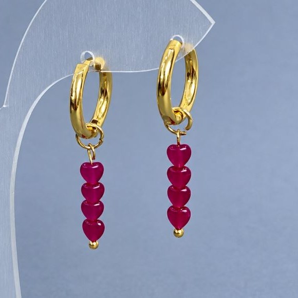 Earrings Ruby Corundum heart 4mm+- with gold-colored clasp, diameter 16mm+-, length 35mm+-