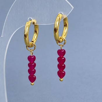 Earrings Ruby Corundum heart 4mm+- with gold-toned metal hooks, diameter 16mm+- , length 35mm+-
