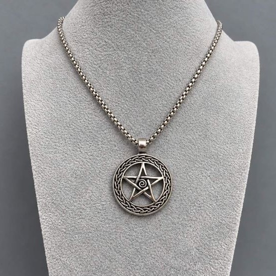 Pendant Star in a Circle 34mm± metal color dark silver on a chain, length 65 cm