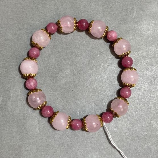 Bracelet Pink Quartz smooth round bead 10mm+- Tourmaline smooth round bead 6mm+-, length 18cm +- stretch