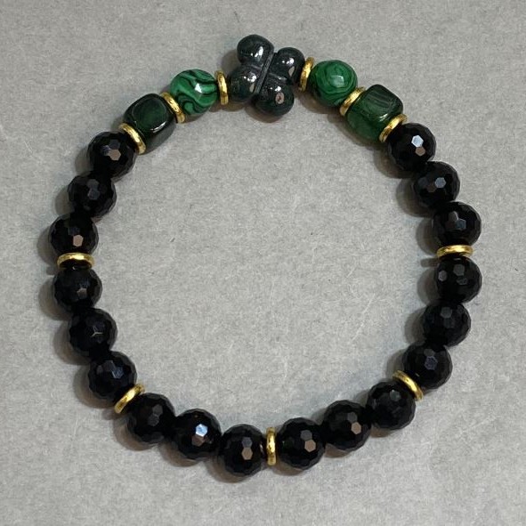 Bracelet Agate Malachite faceted round bead 8mm+-, length 18cm +- stretch