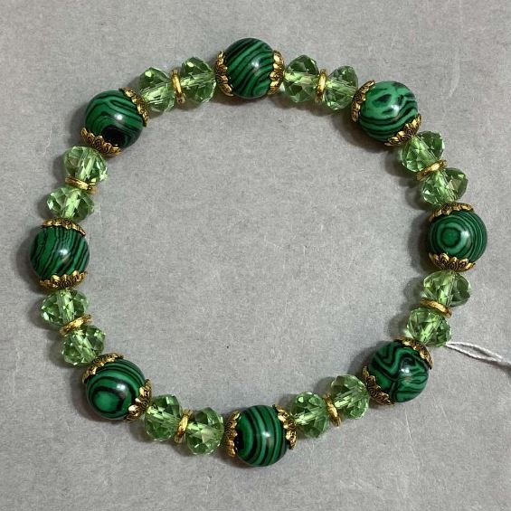 Bracelet Malachite smooth round bead 8mm+- Czech crystal faceted rondelle 8x6mm+-, length 18cm +- stretch
