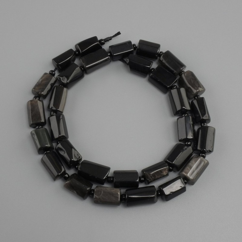 Beads Silver-Obsidian rough cut, diameter 11-13x7-8mm+- seed beads 3mm+-, length 39cm+-