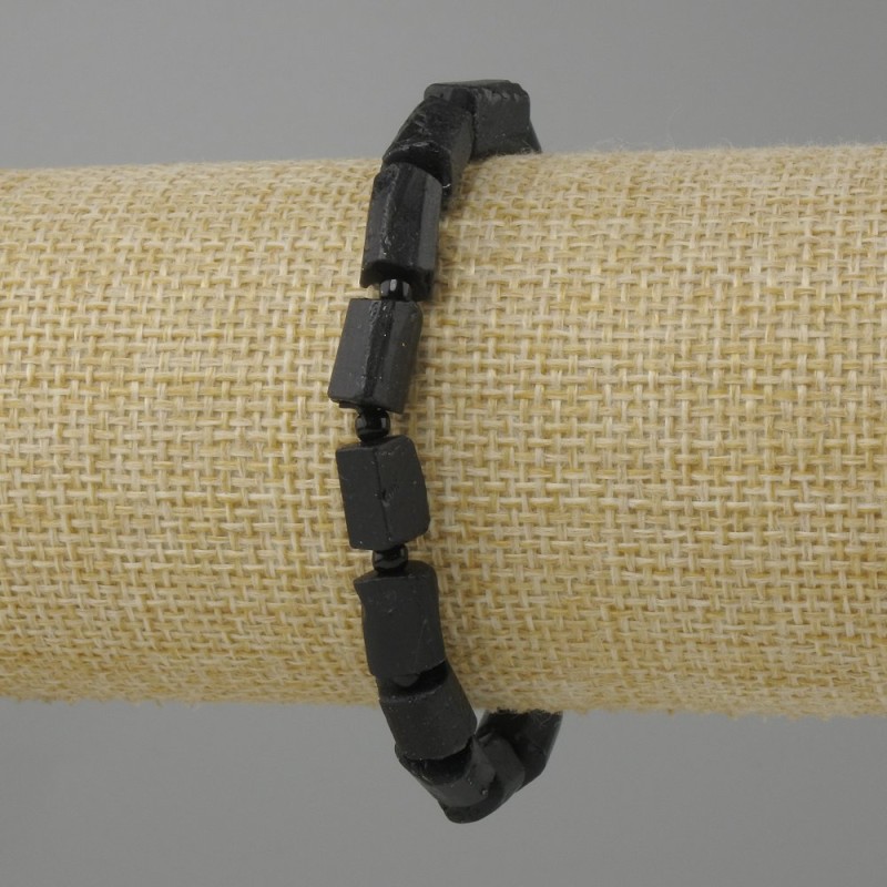 Bracelet Tourmaline Schorl processed rough cut, bead diameter 8-12x6-8mm ± seed beads 3mm ±, length 18cm ± on stretch