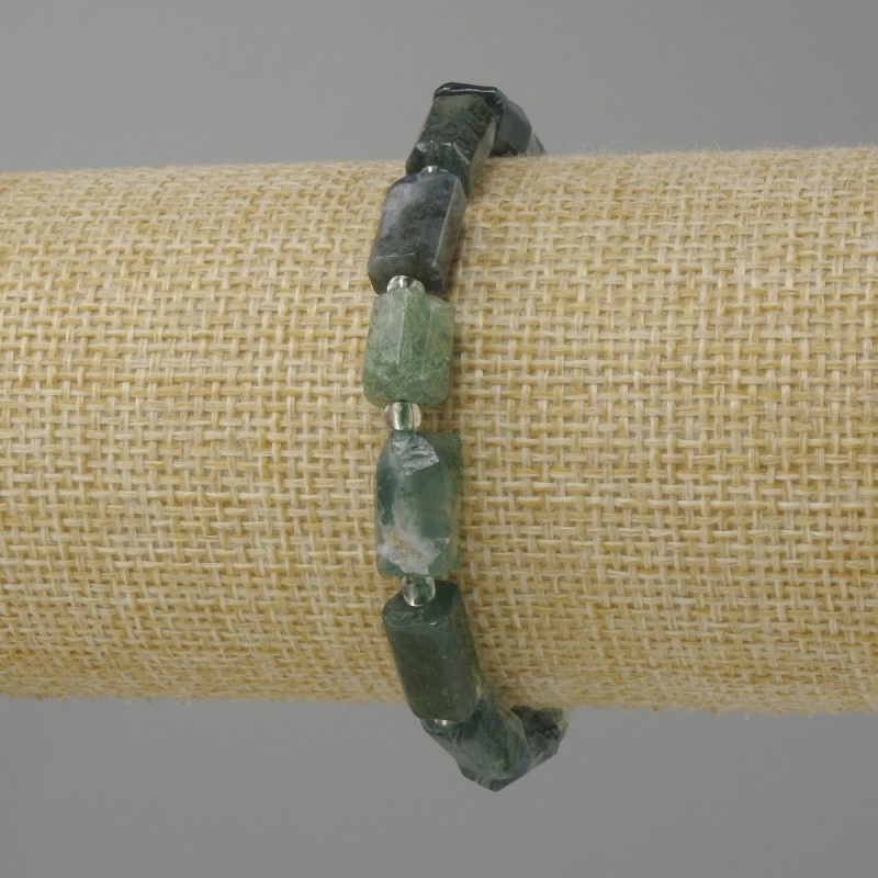 Bracelet Moss Agate rough, diameter 10-12x6-7mm ± 3mm beads, length 18cm ± stretch