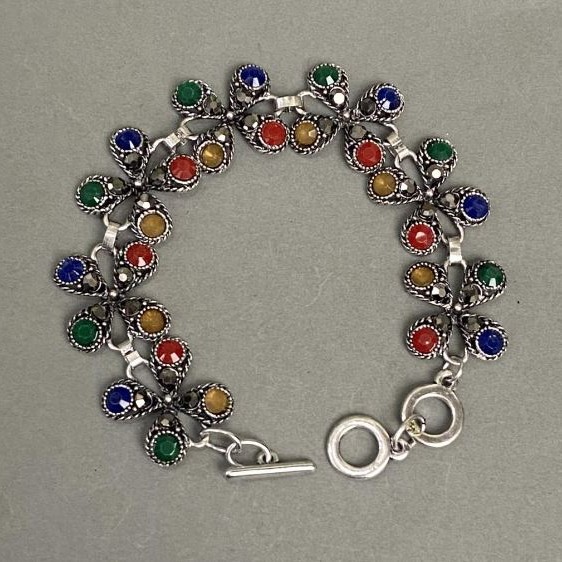 Metal bracelet with colorful crystals, link 22mm ±, length 22–24cm ± toggle clasp
