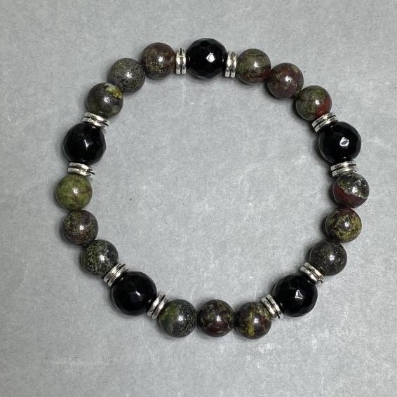 Jasper Blood of the Dragon smooth round bead bracelet 8mm+- Agate faceted round bead 10mm+-, length 18cm +- stretch