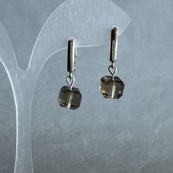 Earrings Rauchtopaz Faceted Cube 8.5x8.5 mm ±, Length 25 mm +