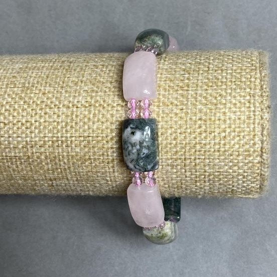 Bracelet Pink Quartz Moss Agate link 17x10mm ± Czech crystal, length 18cm ± stretch