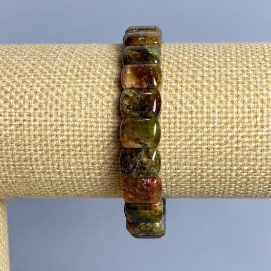 Bracelet Green Garnet Grossular natural stone smooth link, diameter 12x8, 5mm +- stretch length 18cm +-