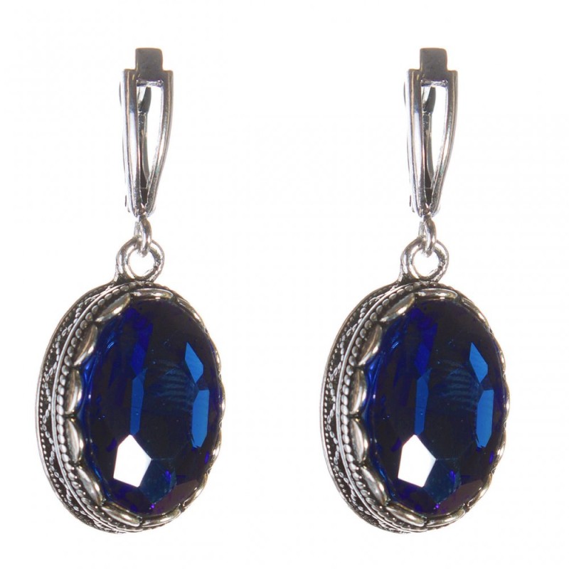 Earrings with blue crystals in a prong setting, oval stone 2 × 1.6 cm, length 4 cm