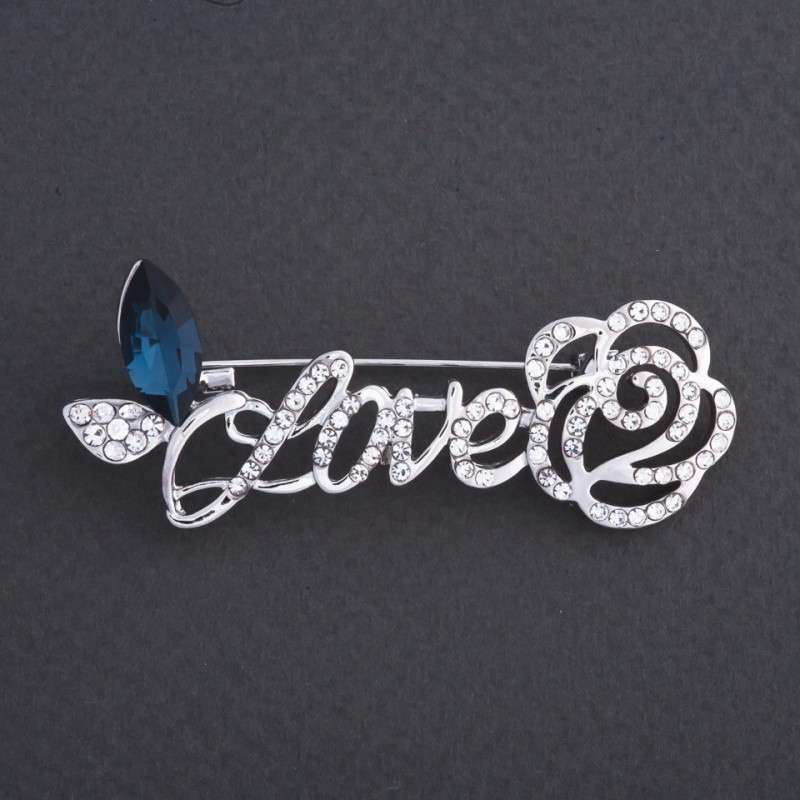 Sale! Brooch 'Love with a Rose' blue crystal 6×3 cm, silver color