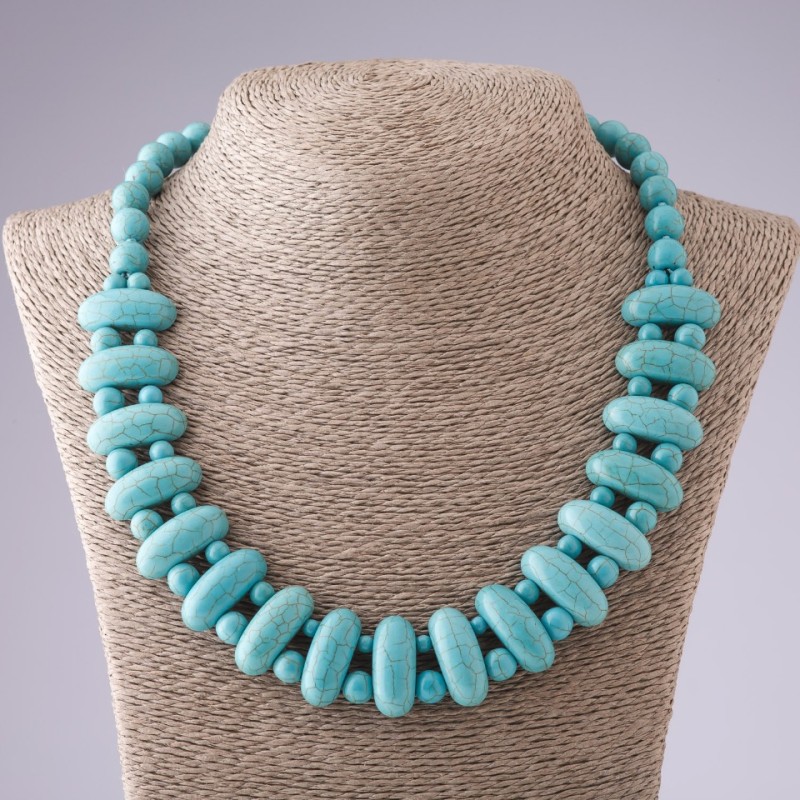 Necklace Cleopatra Turquoise with veins (single piece) green strand, 10×25 mm and bead 10mm L50cm