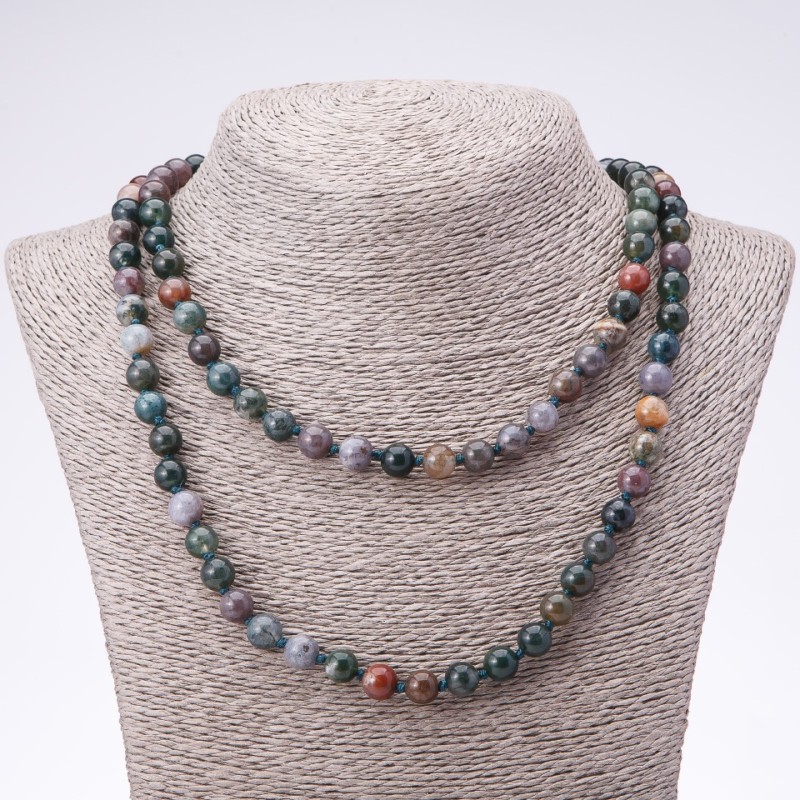 Long Jasper Necklace with Multicolored Natural Stone Beads, 8 mm Diameter, 120 cm Length