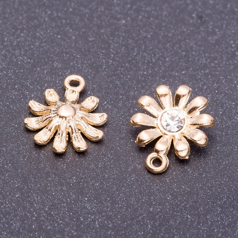 Pendant fittings "Daisy" "Light Gold", diameter 13mm, length 16mm, drilled, faceted hole, 9 pcs per pack