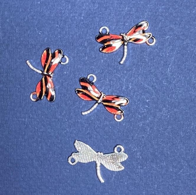 Findings Dragonfly Connector, black and red enamel, 22×16 mm, pack of 4