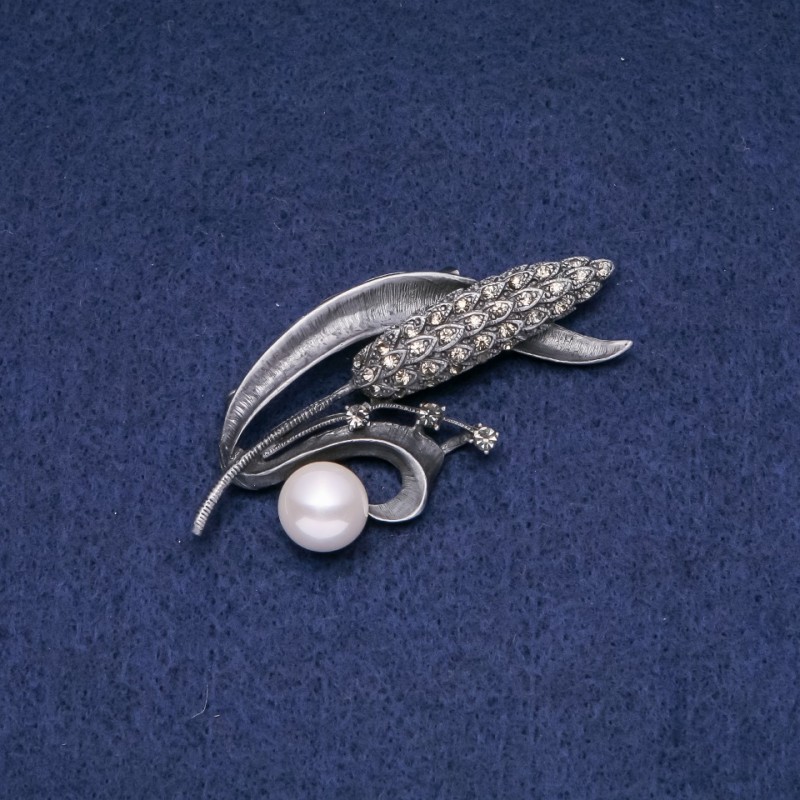 Sale! Brooch-Pendant 'Cornstalk with White Majorca Pearls' 68x30mm