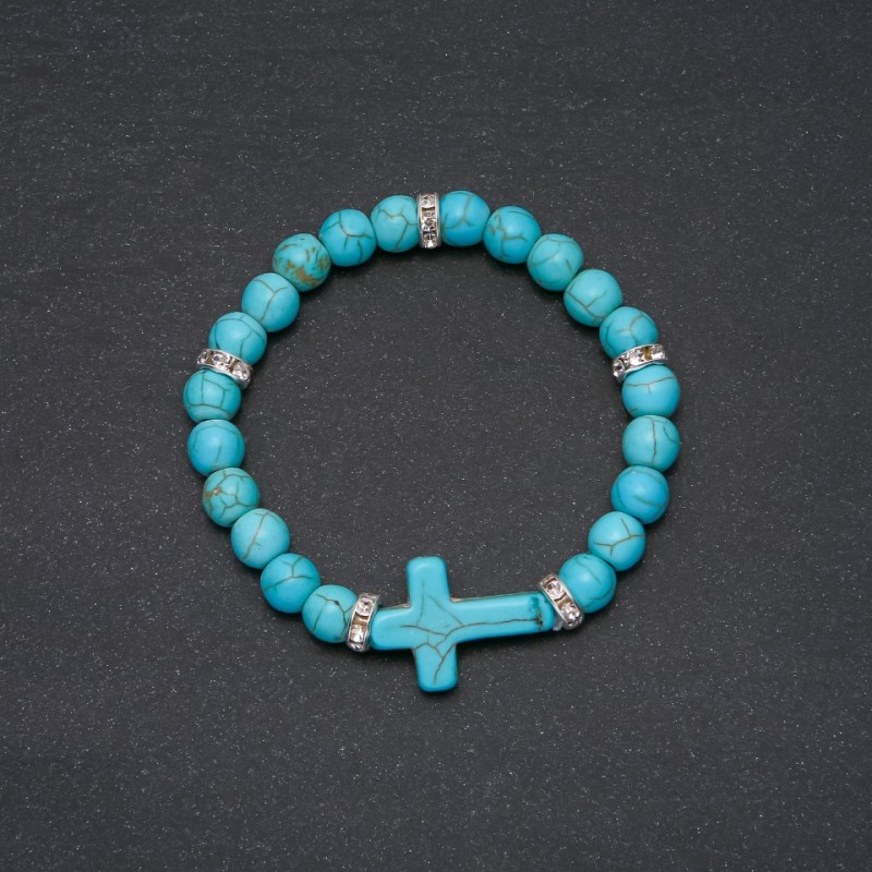 Turquoise bracelet (single ), diameter 8mm+- cross inlay 24x18mm+- wrist circumference 18 cm on elastic