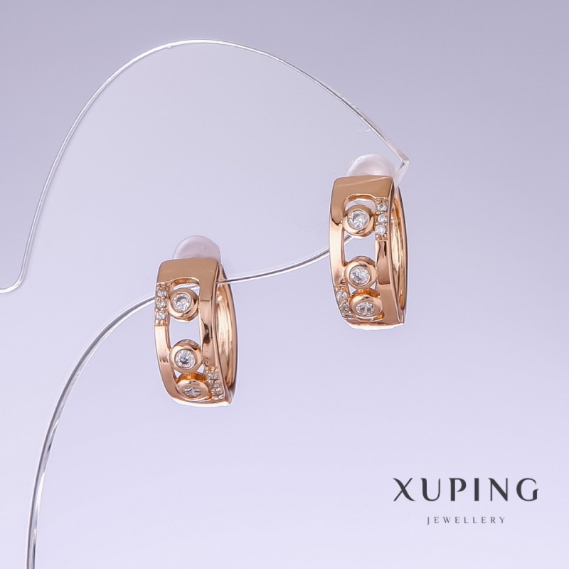 Xuping Earrings with White Zircon, 15mm Long, 6mm Thick, 18K Gold Plating