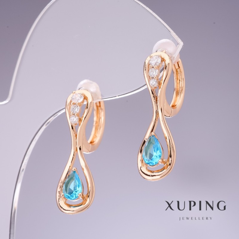 Xuping Earrings with Blue Cubic Zirconia 'Topaz' 26×8 mm, 18K Gold-Plated
