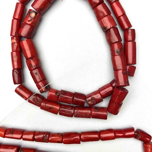 Natural Red Coral Beads, red faceted cylindrical beads, diameter 12x22–25 mm, weight per strand from 350 g +/- (Price per 100 g.)
