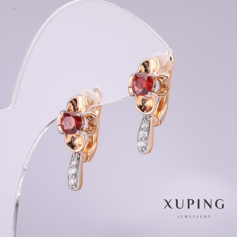 Xuping Earrings with Red Stone, 20x10mm, 18K Gold Plating