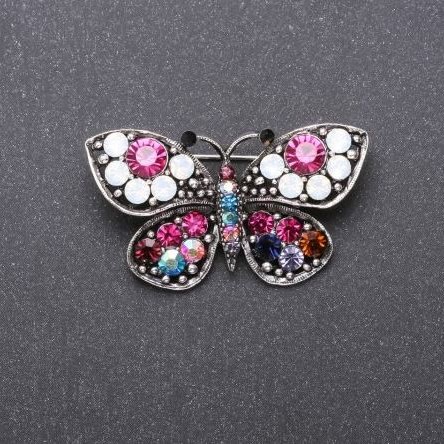 Sale! Sale! Butterfly Brooch with Multicolored Rhinestones 43×25 mm Gray Metal