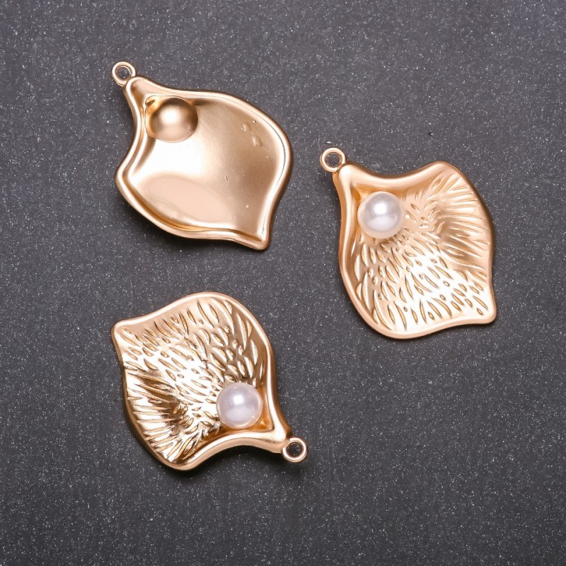 Price per piece! Pendant 'Leaf with Bead', diameter 25 mm, length 34 mm, yellow metal