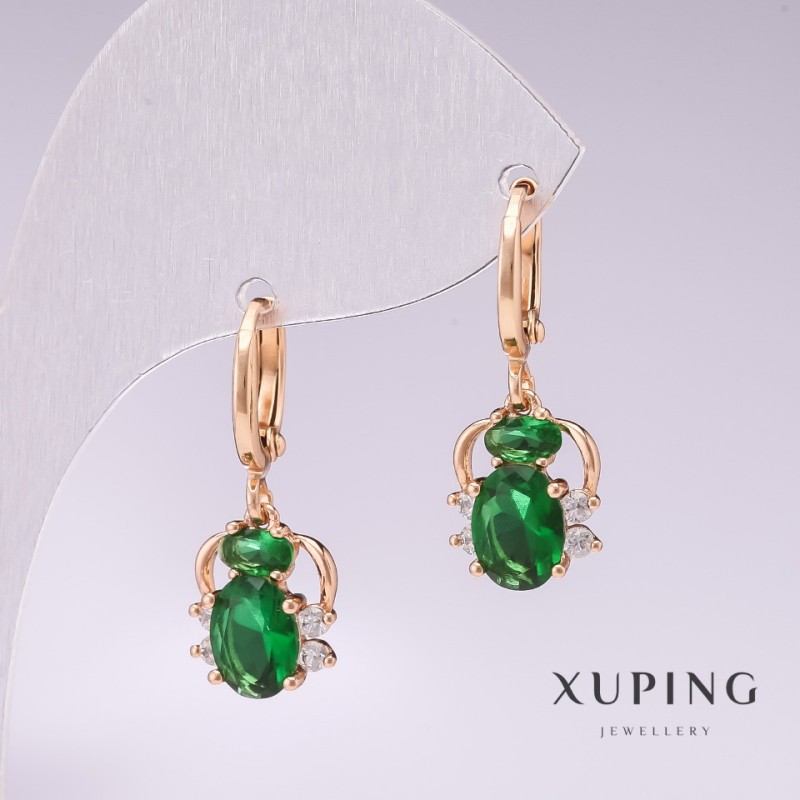 Xuping Spider Earrings with 18K Gold Plating, Green Stones and White Rhinestones, 25×10mm