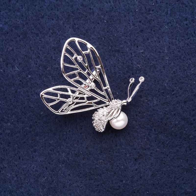 Sale! Swarovski-style Butterfly Brooch with White Crystals, 30x28 mm, White Metal