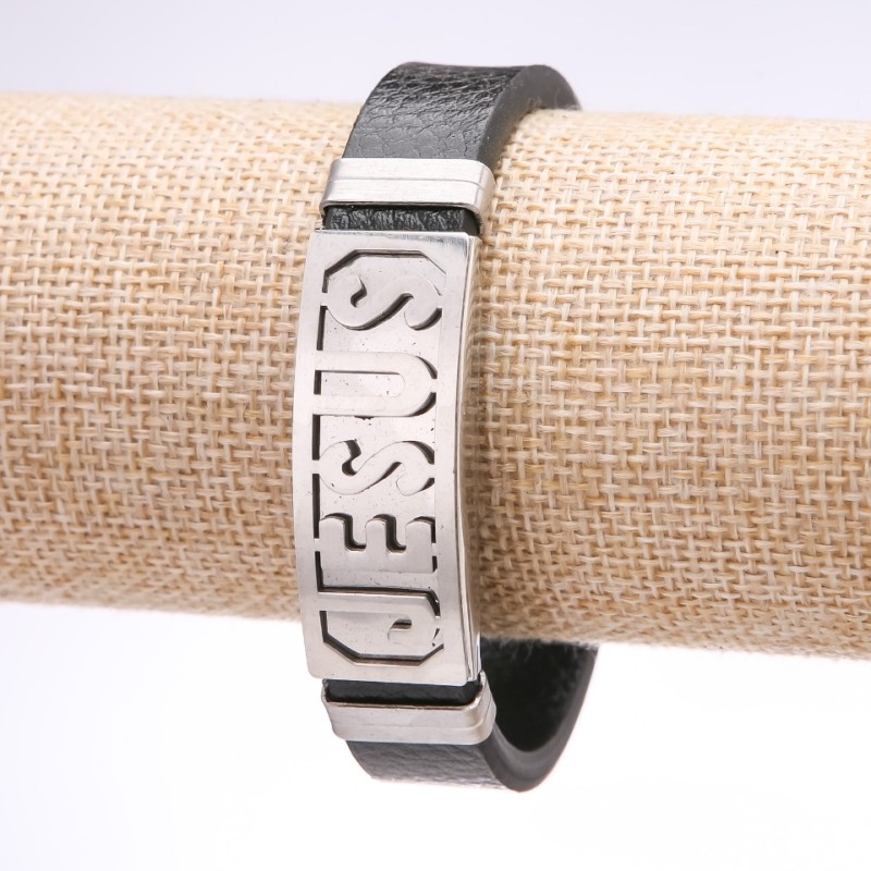Men's bracelet Jesus eco-leather wide steel bar, thickness 14-16 mm, length 20 cm