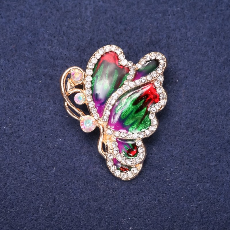 Sale! Butterfly Brooch with White Rhinestones and Red, Green, and Purple Enamel, 40×33 mm Yellow Metal