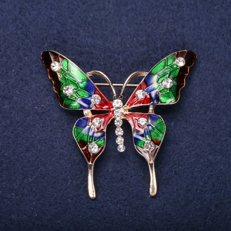 Sale! Butterfly Brooch with White Crystals and Enamel red, green, and burgundy, 49x53 mm, Yellow Metal